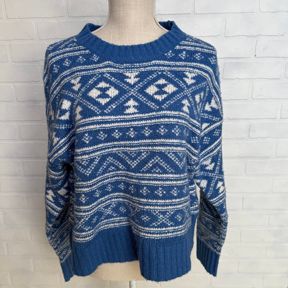 American Eagle Fairisle Snowdrift Blue White Crew Neck Soft Sweater sz M